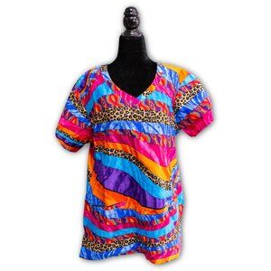 BIO Bring It On Colorful Pink Orange Scrubs Top, Size Large